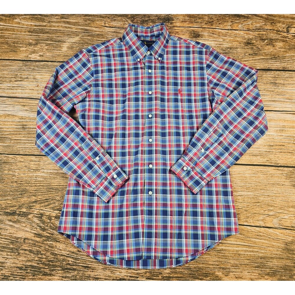 Ralph Lauren Men's Shirt Long Sleeve Plaid Slim Fit Button Down Size L Red Pony